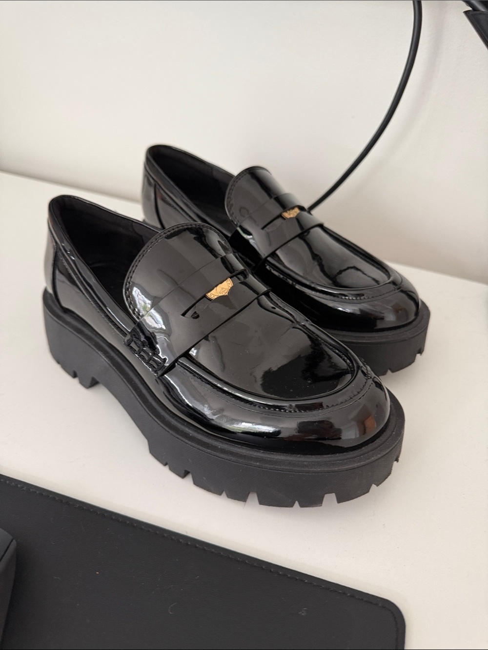 Zara Black Patent Platform Penny Loafers